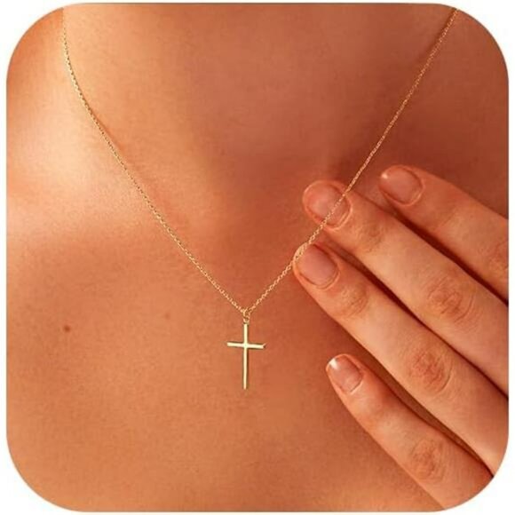 14K Real Gold Cross Necklace Pendant Chain for Women Easter Christian Gifts - Picture 1 of 6